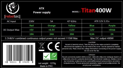 Zasilacz ATX Rebeltec TITAN 400 12cm fan + kabel