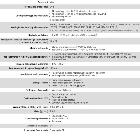 XTAR ŁADOWARKA DO AKUMULATORÓW CYLINDRYCZNYCH LI-ION VC4