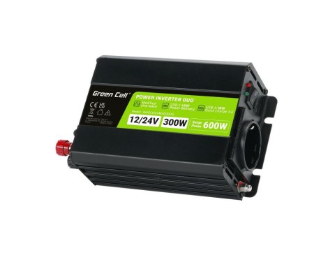 GREEN CELL PRZETWORNICA DUO INVGC1224M300DUO 12/24V-230V 300W/600W MODYFIKOWANA SINUSOIDA