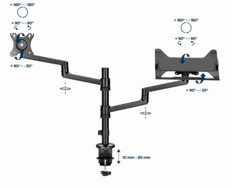 GEMBIRD BIURKOWE REGULOWANE RAMIĘ/UCHWYT NA MONITOR + PODSTAWKA NA NOTEBOOKA 17-32, VESA 100X100MM, DO 8 KG