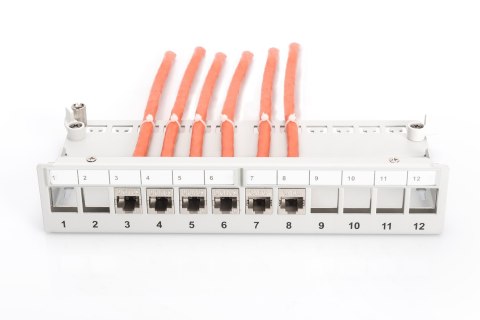 Panel krosowy modularny desktop 12x keystone, ekranowany, szary, prowadnica kabli, pola opisowe