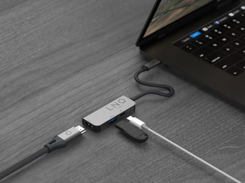 LINQ HUB USB-C ADAPTER 3IN1 USB-C (1X HDMI 2.0 4K/60HZ, 1X USB-A 3.2 GEN1, 1X USB-C PD 100W DO ZASILANIA),PLECIONY KABEL 12CM