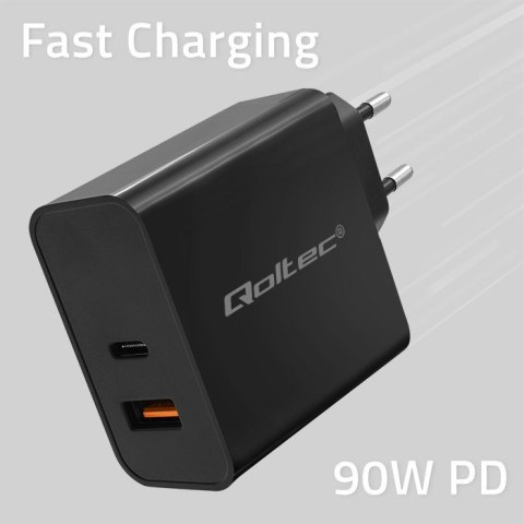 Qoltec Ładowarka Super Quick PD | 1xUSB-C | 1xUSB | 90W | 5-20V | 2.4-4.35A | Czarna