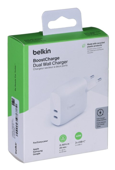 BELKIN ŁADOWARKA SIECIOWA 2XUSB-C 20W X2 PD (40W) BIAŁA